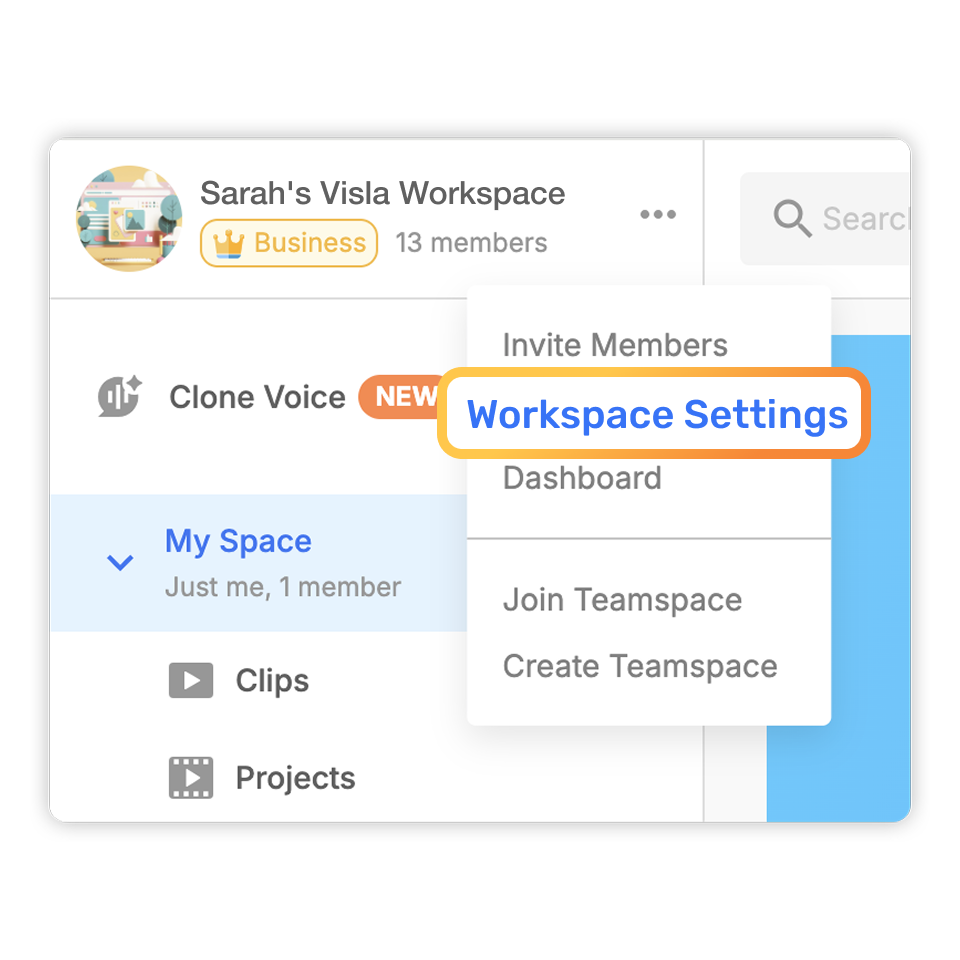 Visla Branding setup step 2 — open Workspace Settings to manage your brand kit