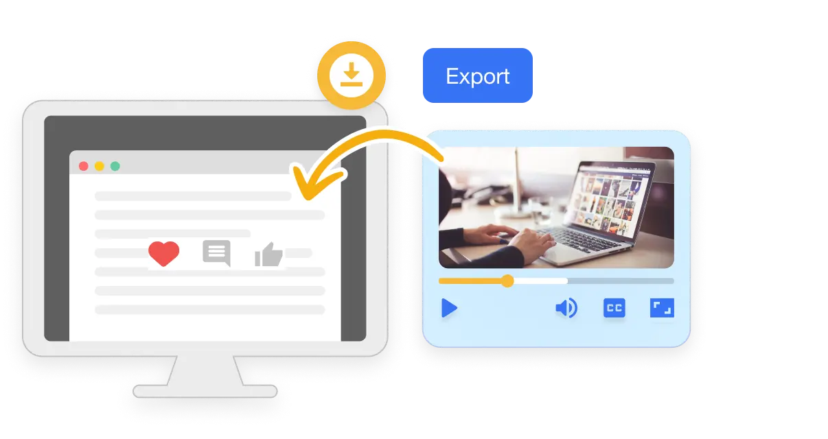 An illustration of exporting and sharing AI narrated visual storytelling projects in Visla's Workspaces and Teamspaces, with customizable permission levels for different user roles, including options for sharing via links or email.