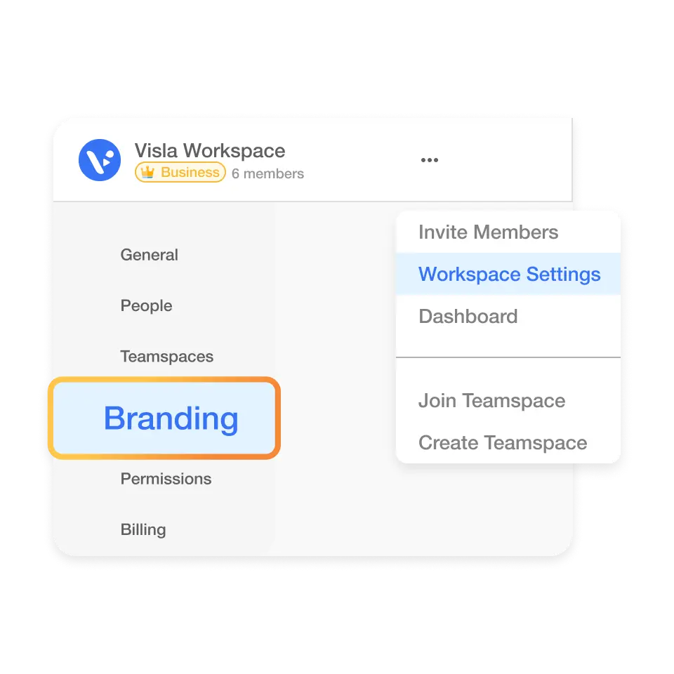 Visla branding tools showing workspace settings for branding adjustments.