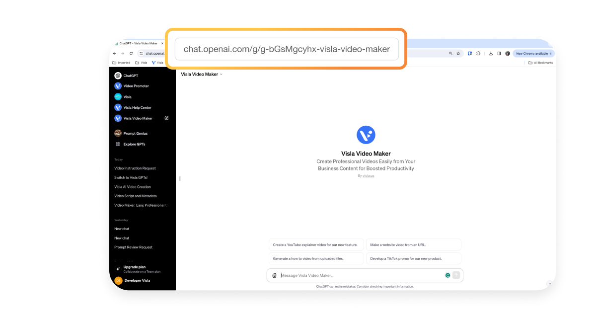 Direct access Visla Video Maker GPT with a highlighted URL on a browser interface.