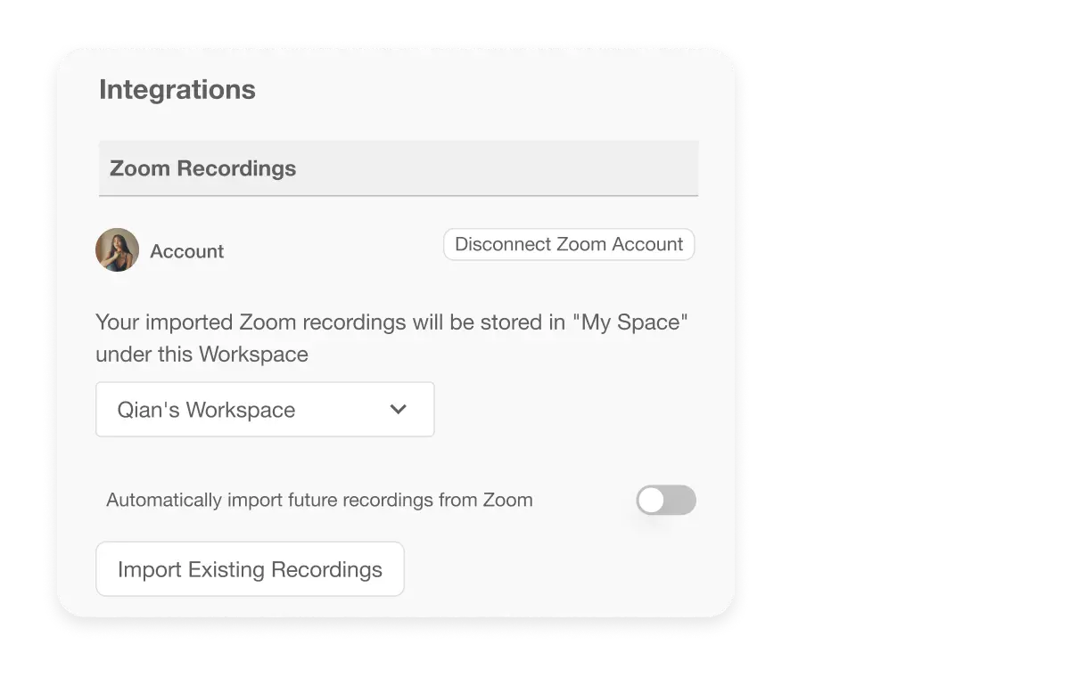 Import Zoom recordings easily with Visla's Zoom integration, organizing all Zoom meetings and recordings in one place.